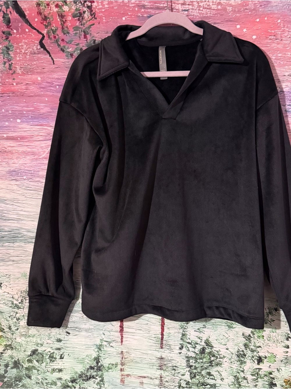 Black Women's Long Sleeve Polo Top - Casual V-Neck